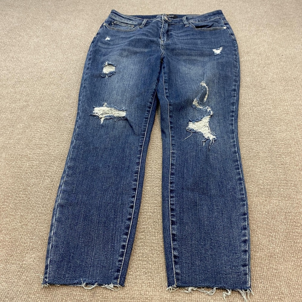 Judy Blue Straight Jeans Womens 15/32 Blue Med Wash Mid Rise Distressed Fringe